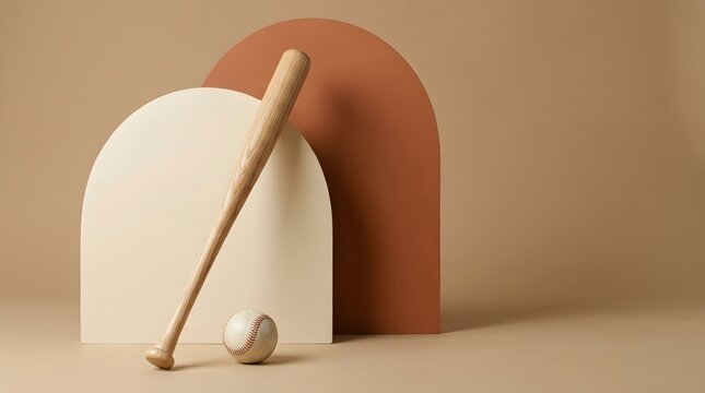 Baseball, bat and equipment for game with ball on minimalist background. Studio sports gear, athletic recreation and hobby with geometric shapes, earth tones and training for active lifestyle
