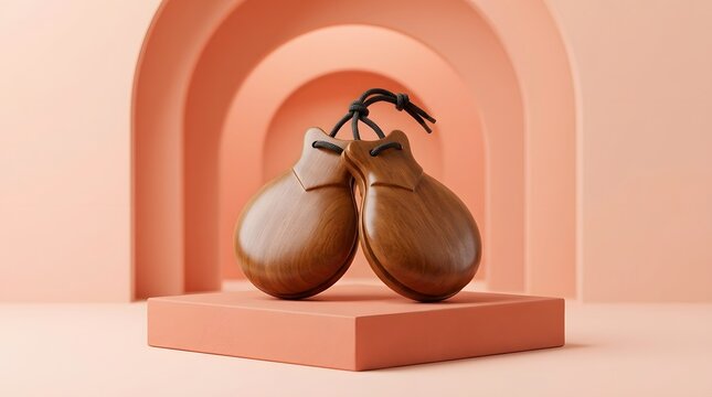Spanish wooden castanets, musical instrument and percussion on pedestal with peach background for culture, flamenco and dance. Traditional, wood and rhythm with arches, podium and product display
