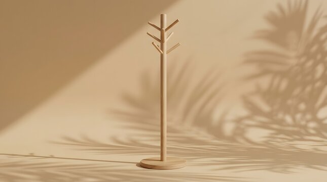 Coat rack, wooden furniture and hall tree with minimalist decor for home interior, organization and scandinavian style. Storage, hanger and natural wood with shadows, palm leaf and copy space for ads
