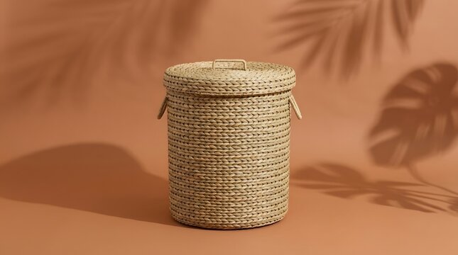 Laundry basket, hamper and woven storage with lid for home organization, interior design and household decor. Wicker container, rattan and organic material with shadow for bathroom and bedroom