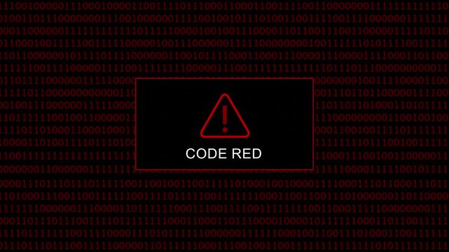 Urgent code red cyber security alert warning sign displayed over a dark digital background, with scrolling binary, code data streams, representing a critical, system breach or, network infrastructure