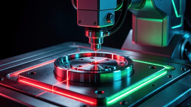 High tech laser scanner checks metal part for quality control in automated factory. Red, green lights signal tolerance levels on production line. Precision machine inspects engineering component