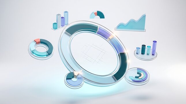 Glass circular data dashboard with floating graphs and charts on bright white background showcasing business analytics and information visualization for corporate reports