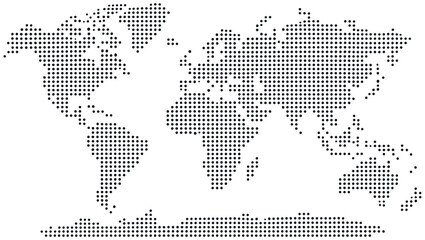 Minimal dotted world map featuring all continents including Antarctica formed from evenly spaced black dots on a clean white background for global geography travel and educational use © GFX WORLD ASGHAR