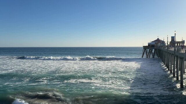View of Large Ocean Waves at Huntington Beach California in Late Afternoon