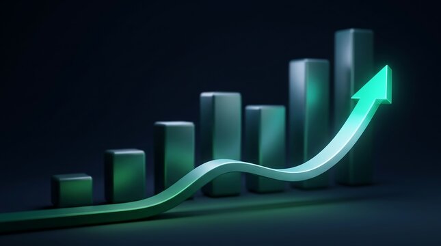Glowing green financial bar chart with upward trending arrow showing growth and economic success against a dark background in a high quality 3d render