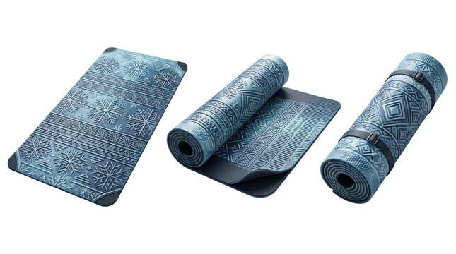Three blue yoga mats featuring intricate geometric and snowflake patterns for fitness and exercise routines isolated on a transparent background