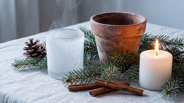 A serene winter seasonal macro of frosted glass, terracotta, pinecone, evergreen, cinnamon and candle offers cozy background.
