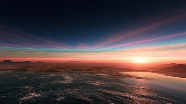 Vast Alien Landscape at Sunrise with Colorful Sky and Distant Mountains