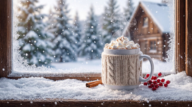 A white ceramic mug of hot cocoa with whipped cream and marshmallows sits on a snowy wooden windowsill with red berries for Hot Cocoa Day, perfect for winter banners.