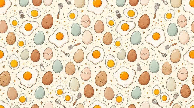 A charming seamless egg pattern featuring beautifully illustrated eggs in various sizes, decorated with delicate speckles, spots, and natural textures.