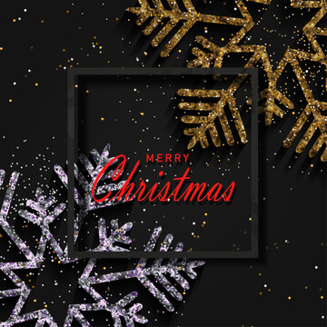 Merry Christmas. Card with snowflakes and a square frame.
