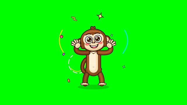 Cute 2D Flat Vector Cartoon Monkey Shyly Covering Face, Peeking Through Fingers, and Dancing Wildly with Colorful Particles on Green Screen Seamless Loop