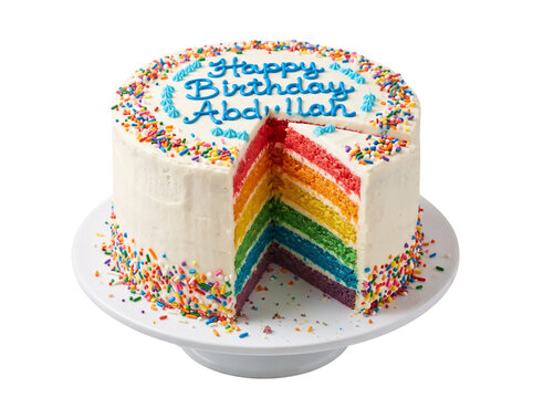 A photorealistic rainbow layer cake with white frosting and colorful sprinkles, blue piped text "Happy Birthday Abdullah"