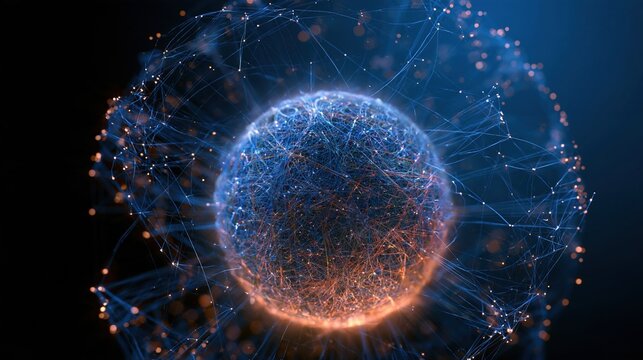 Abstract glowing sphere of interconnected digital nodes and data streams, representing global network and artificial intelligence