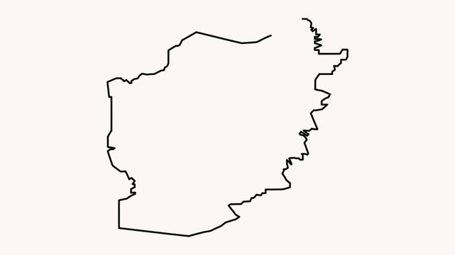 Black outline map of the country of Sierra Leone on a light pink background