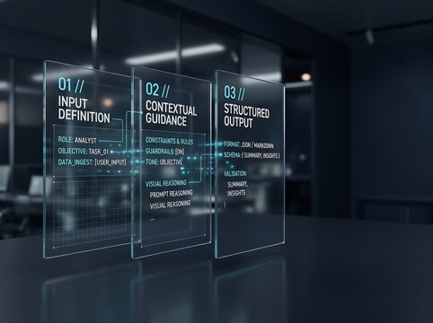 Futuristic holographic displays showing data analysis with contextual guidance and structured output on a dark background