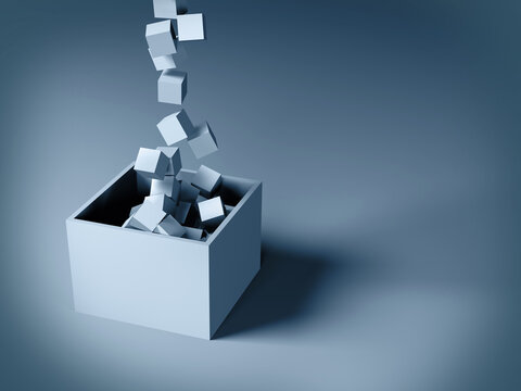 3D Rendered Cubes Falling Into a Box