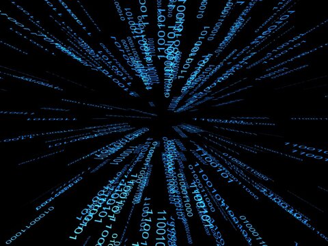 Binary code tunnel visualization on black background