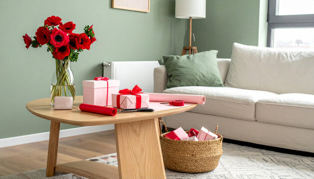 Sage green living room with Valentine gift wrapping and red anemones
