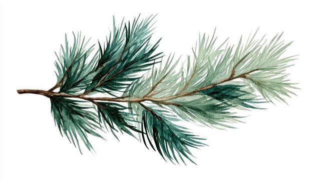 Pine branch watercolor isolated illustration with green needles and holiday vibe