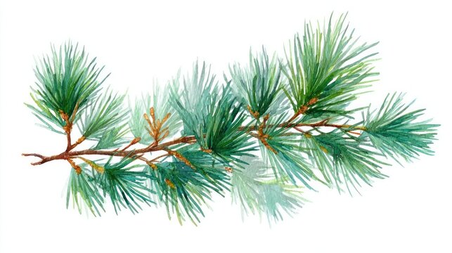 Pine branch watercolor isolated illustration with green needles and holiday vibe