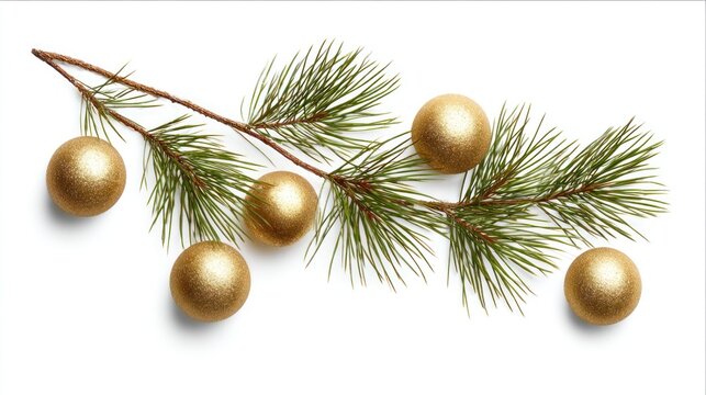 Pine branch with bauble balls isolated on a white background