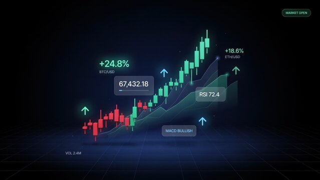 A digital stock market chart with glowing candlestick patterns shows upward financial trends. Ideal for crypto trading platforms and investment technology visuals.