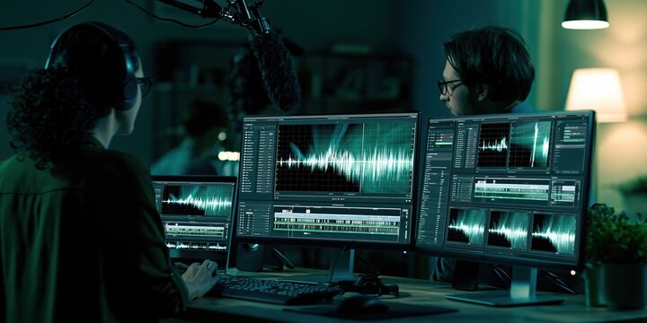 Sound engineer using digital audio workstation software on multiple monitors in a dimly lit studio