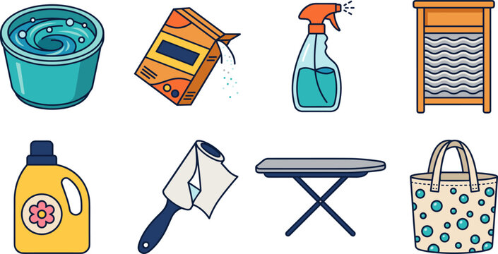 Laundry Chores and Garment Care Icon Set with Powder Detergent, Spray Bottle, Ironing Board, and Washboard Vector Graphics for Housekeeping and Cleaning Designs