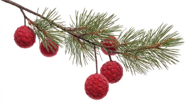 Pine branch with bauble balls isolated on a white background