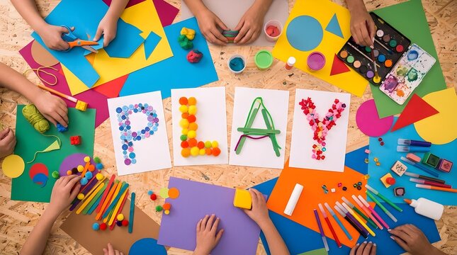 Group of Children Engaged in Creative Arts and Crafts Projects Creating the Word Play with Colorful Materials on a Wooden Table Surface