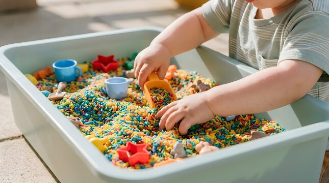 Little child playing with colorful sensory rice and toy molds in a plastic bin during outdoor playtime