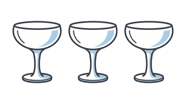 Set of three empty vintage champagne coupe glasses isolated on transparent background