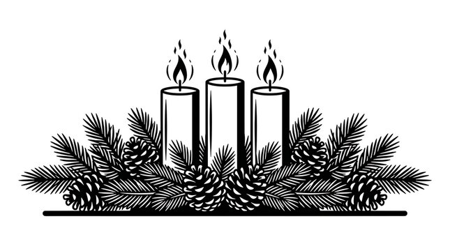 Hand drawn ink illustration of three lit advent candles with pine branches