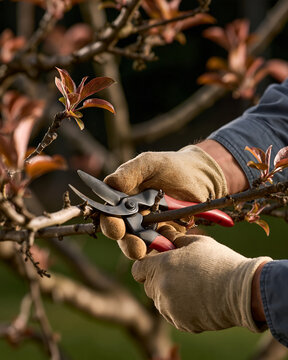 Hands pruning a fruit tree in an orchard