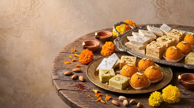 Delicious Indian Diwali Sweets Poster with Golden Ladoo, Kaju Katli, Traditional Barfi and Festive Decorations