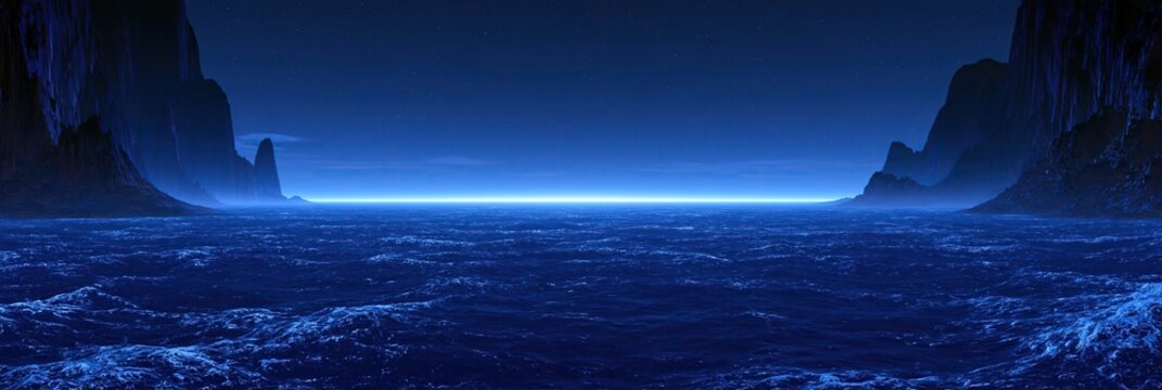 Panoramic night view of stormy deep blue ocean between dark rocky cliffs under starry sky with faint glowing horizon light for fantasy seascape