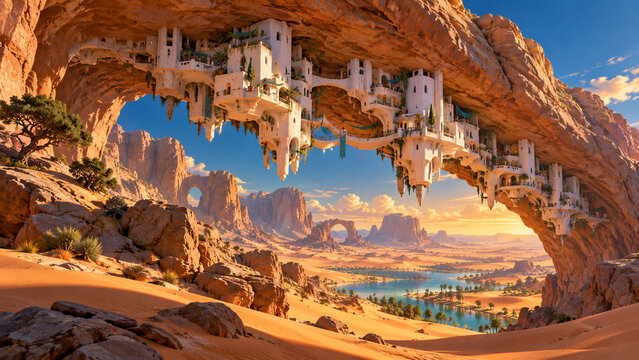 Upside Down Village Beneath a Giant Desert Rock Arch