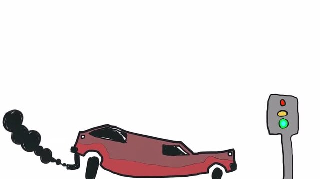 A cartoon car stops at a traffic light and then starts moving, releasing clouds of smoke from the exhaust.