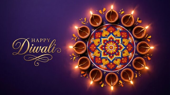 A beautiful arrangement of glowing oil lamps and a colorful mandala pattern for the Diwali festival of lights on a dark purple background for greeting cards