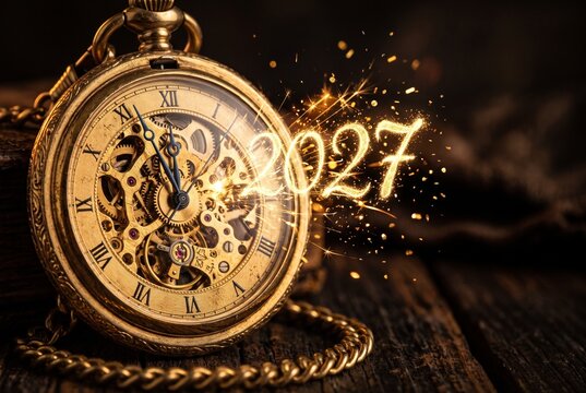 Vintage gold pocket watch showing one minute to midnight with open gears, sparks and falling golden confetti forming 2027, countdown to happy new year 2027 concept with elegant dark background
