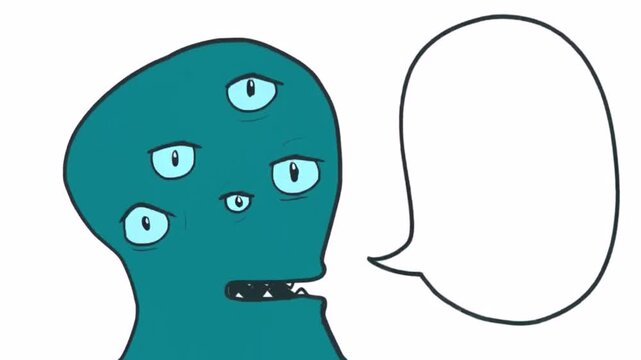 A cartoonish, multi-eyed alien is saying something to the viewer. A speech bubble appears nearby.