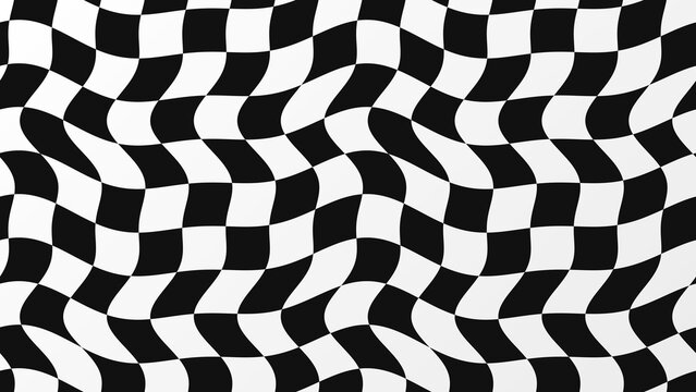 Dynamic black and white checkered pattern, a wavy optical illusion background, distorted checkerboard graphic, abstract visual art for modern design projects