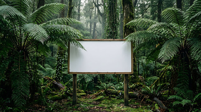 Blank wooden sign mockup in a lush green temperate rainforest wilderness