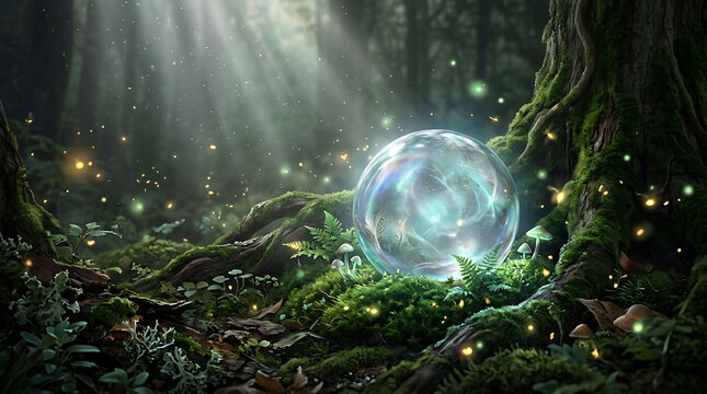 Enchanted forest with glowing crystal orb magical fantasy nature background