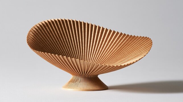 Modern parametric ribbed handcrafted wooden decorative bowl with natural light wood finish on plain neutral gray background showing contemporary wood craft design