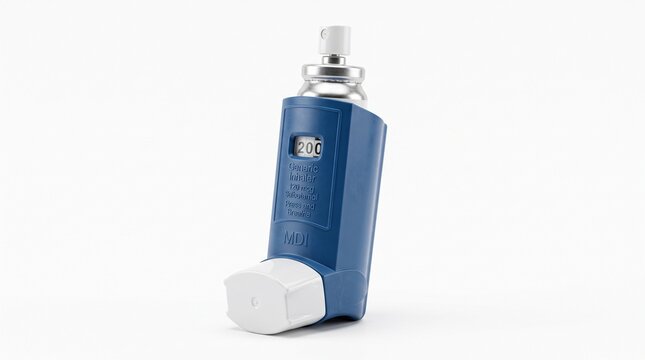 Blue Asthma Inhaler with Dose Counter on White Background