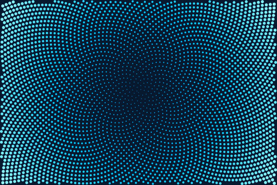 Abstract spiral sunflower halftone dot pattern in blue and cyan on navy, vector background with copy space
