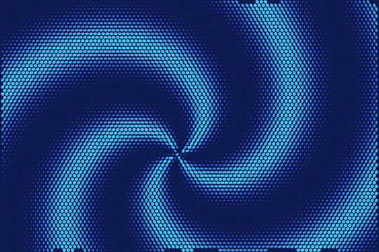 Abstract swirl halftone dot pattern in royal blue gradient, vector background with copy space